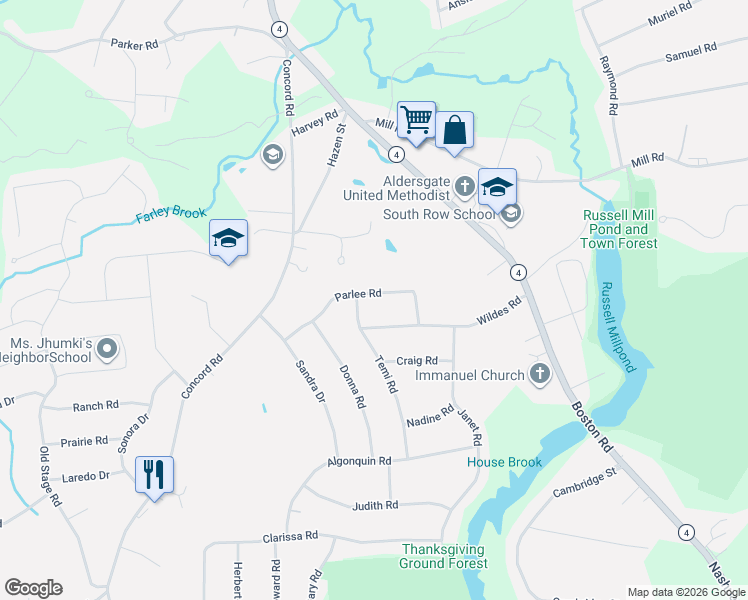 map of restaurants, bars, coffee shops, grocery stores, and more near 4 Temi Road in Chelmsford