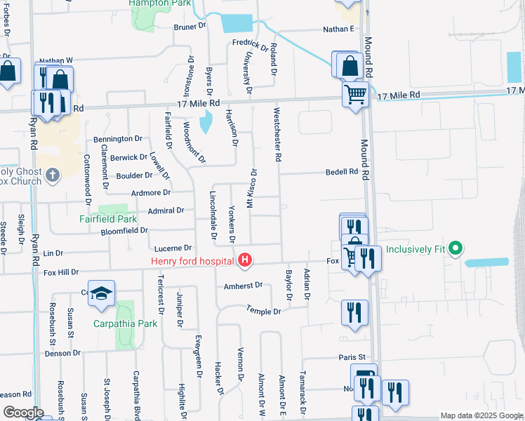 map of restaurants, bars, coffee shops, grocery stores, and more near 5231 Croton Drive in Sterling Heights