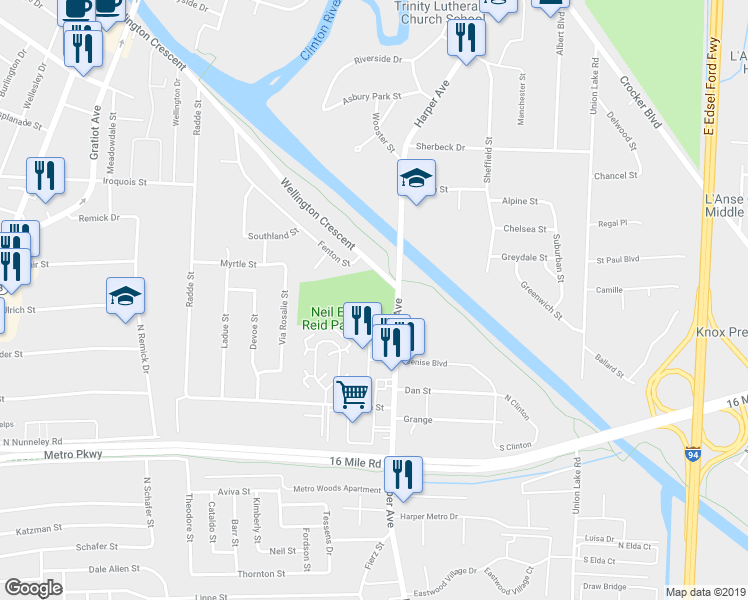 map of restaurants, bars, coffee shops, grocery stores, and more near 37701 Harper Avenue in Clinton Township