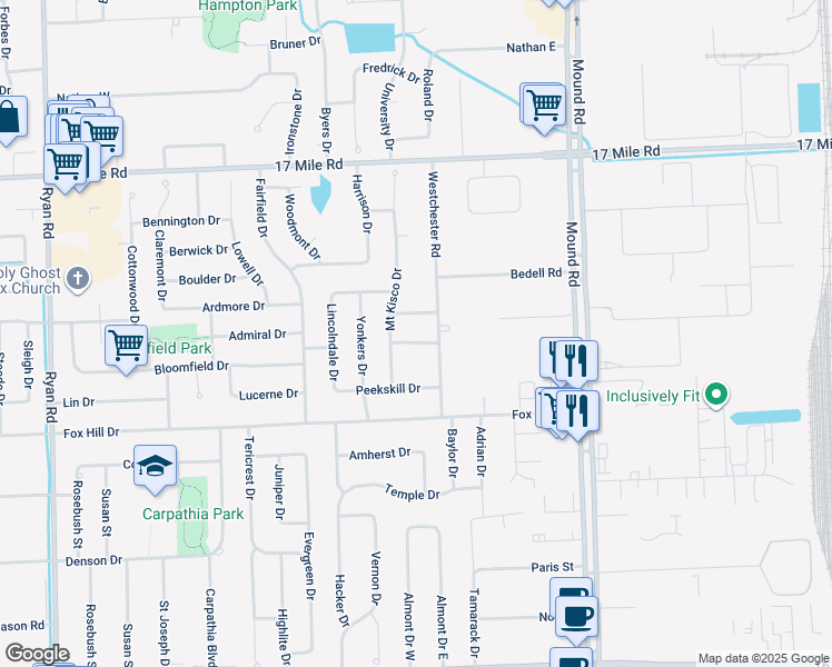 map of restaurants, bars, coffee shops, grocery stores, and more near 5231 Croton Drive in Sterling Heights