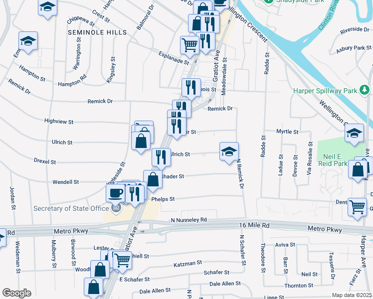 map of restaurants, bars, coffee shops, grocery stores, and more near 22711 Ulrich Street in Clinton Township