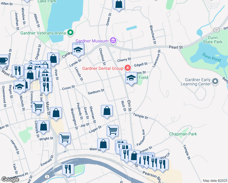 map of restaurants, bars, coffee shops, grocery stores, and more near 196 Chestnut Street in Gardner