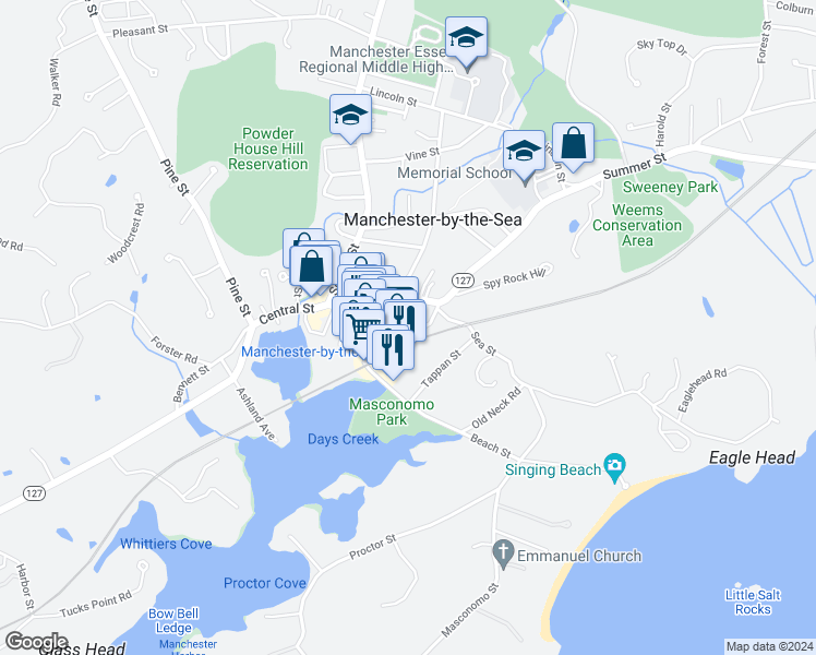 map of restaurants, bars, coffee shops, grocery stores, and more near 11 Summer Street in Manchester-by-the-Sea