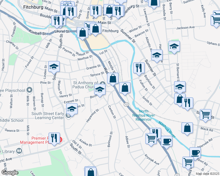 map of restaurants, bars, coffee shops, grocery stores, and more near 32 Birch Street in Fitchburg