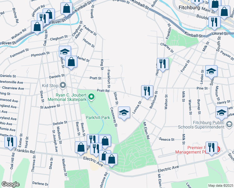 map of restaurants, bars, coffee shops, grocery stores, and more near 11 Silver Street in Fitchburg