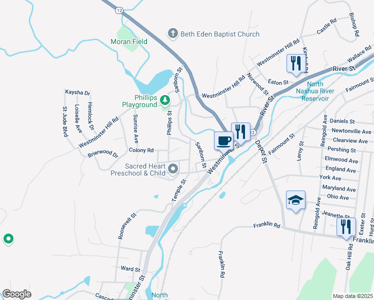 map of restaurants, bars, coffee shops, grocery stores, and more near 27 Phillips Avenue in Fitchburg