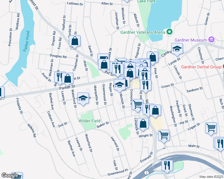 map of restaurants, bars, coffee shops, grocery stores, and more near 24 Greenwood Street in Gardner