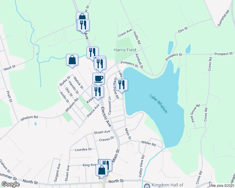map of restaurants, bars, coffee shops, grocery stores, and more near 34 Great Pond Road in Lunenburg