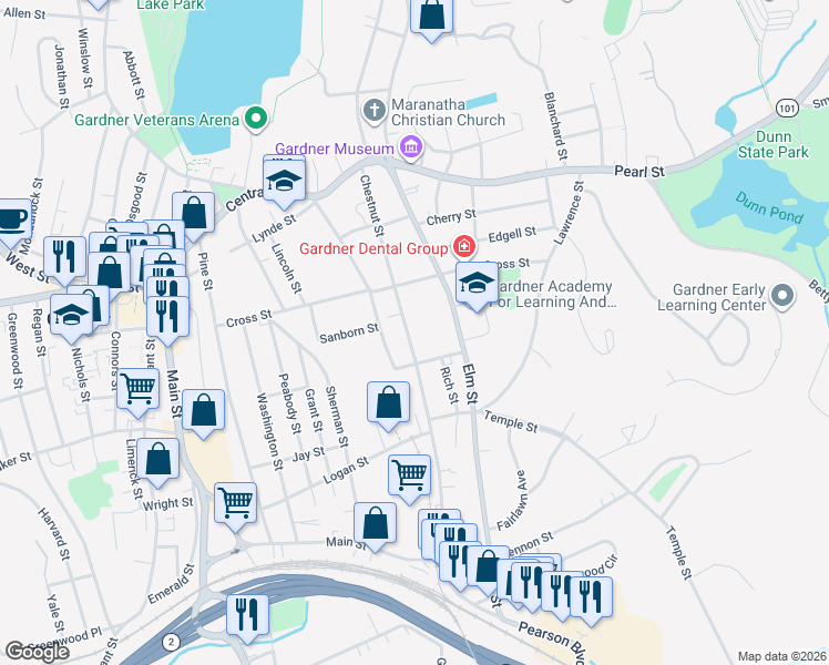 map of restaurants, bars, coffee shops, grocery stores, and more near 196 Chestnut Street in Gardner