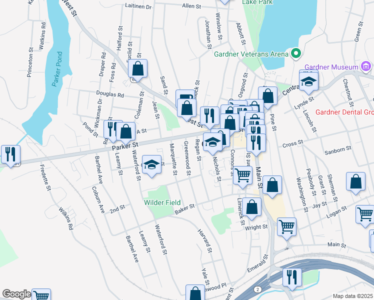 map of restaurants, bars, coffee shops, grocery stores, and more near 17-19 Greenwood Street in Gardner