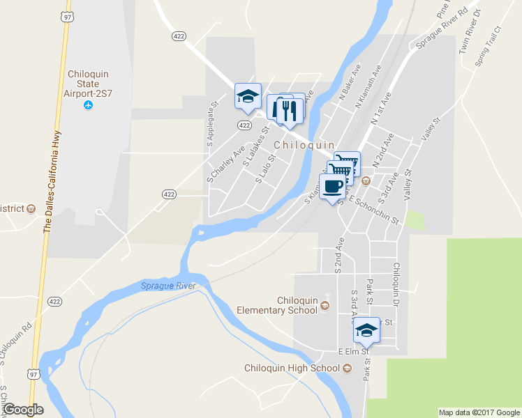 map of restaurants, bars, coffee shops, grocery stores, and more near 328 South Wasco Avenue in Chiloquin