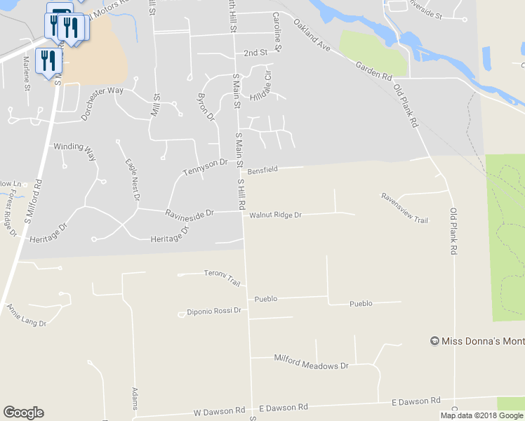 map of restaurants, bars, coffee shops, grocery stores, and more near 1117 South Hill Road in Milford Township