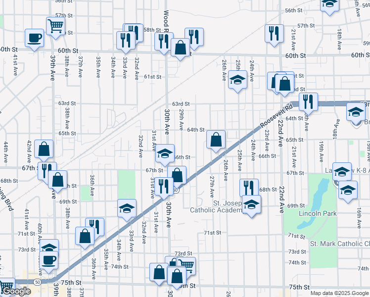 map of restaurants, bars, coffee shops, grocery stores, and more near 6511 29th Avenue in Kenosha