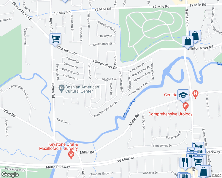 map of restaurants, bars, coffee shops, grocery stores, and more near 38050 Pardo Dr in Charter Township of Clinton