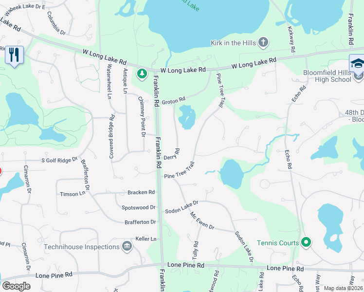 map of restaurants, bars, coffee shops, grocery stores, and more near 4396 Pine Tree Trail in Bloomfield Township