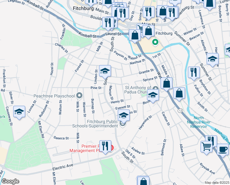 map of restaurants, bars, coffee shops, grocery stores, and more near 30 Mountain Avenue in Fitchburg