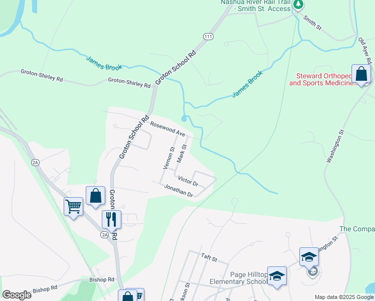 map of restaurants, bars, coffee shops, grocery stores, and more near 8 Mark Street in Ayer
