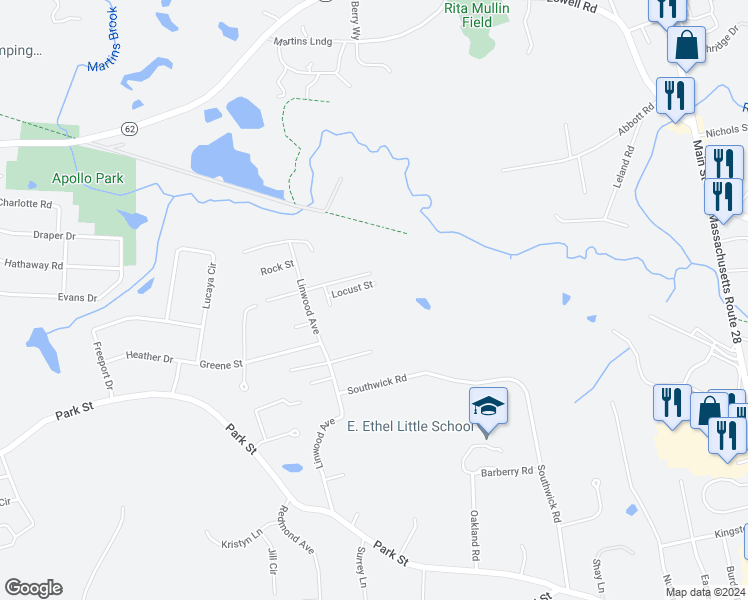 map of restaurants, bars, coffee shops, grocery stores, and more near 5 Locust Street in North Reading