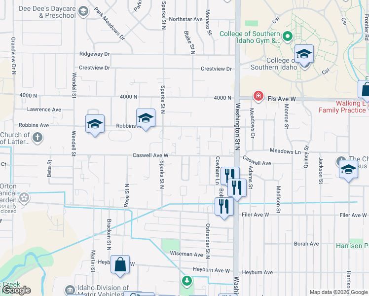map of restaurants, bars, coffee shops, grocery stores, and more near 296 Caswell Ave W in Twin Falls