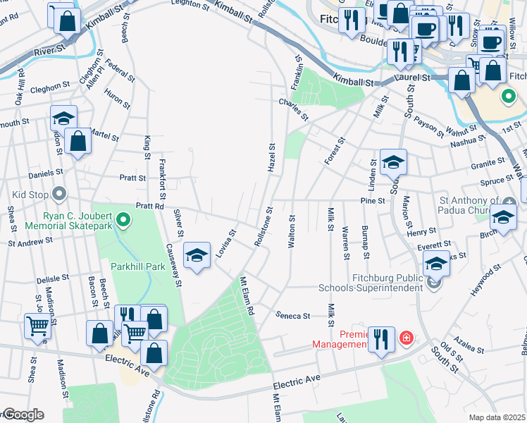 map of restaurants, bars, coffee shops, grocery stores, and more near 432 Rollstone Street in Fitchburg