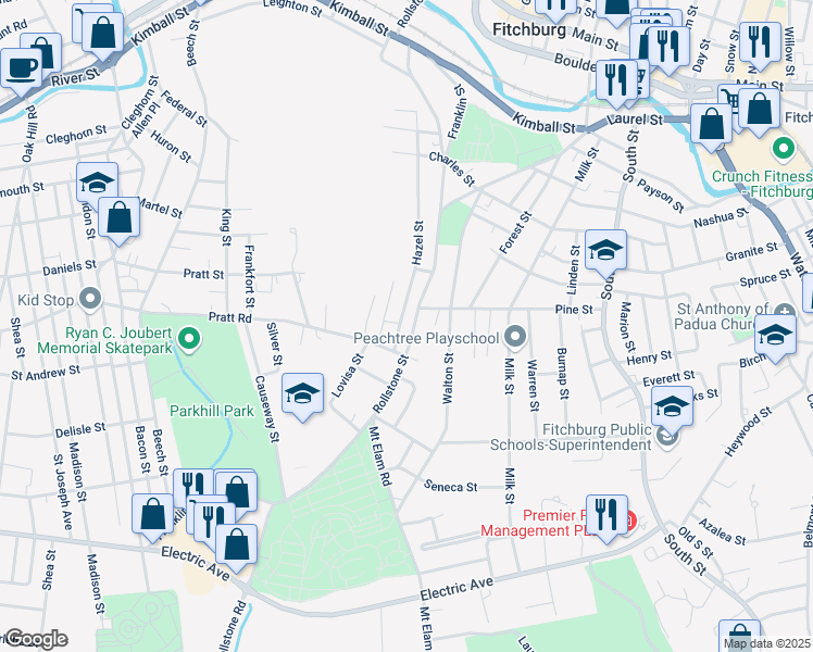 map of restaurants, bars, coffee shops, grocery stores, and more near 206 Hazel Street in Fitchburg
