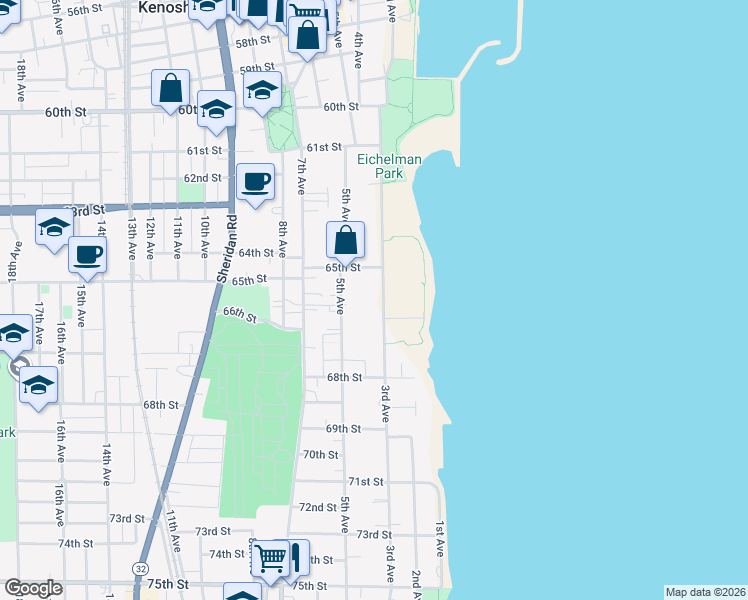 map of restaurants, bars, coffee shops, grocery stores, and more near 6536 3rd Avenue in Kenosha