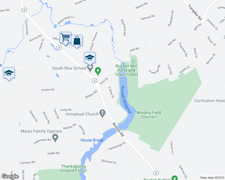 map of restaurants, bars, coffee shops, grocery stores, and more near 9 South Row Street in Chelmsford