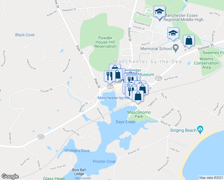 map of restaurants, bars, coffee shops, grocery stores, and more near 4 Peele House Square in Manchester-by-the-Sea