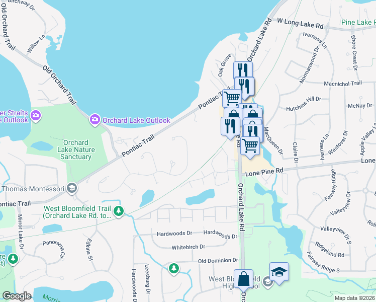 map of restaurants, bars, coffee shops, grocery stores, and more near 4265 Cherry Hill Drive East in West Bloomfield Township