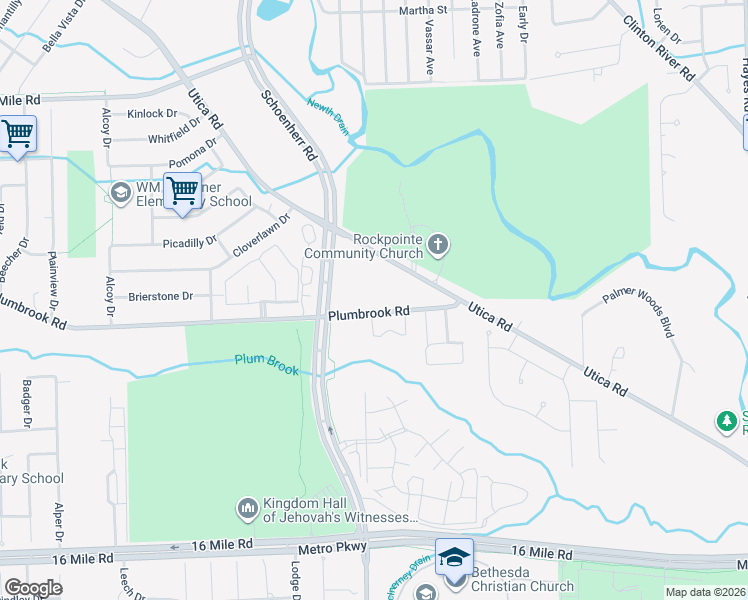 map of restaurants, bars, coffee shops, grocery stores, and more near 13933 Plumbrook Road in Sterling Heights