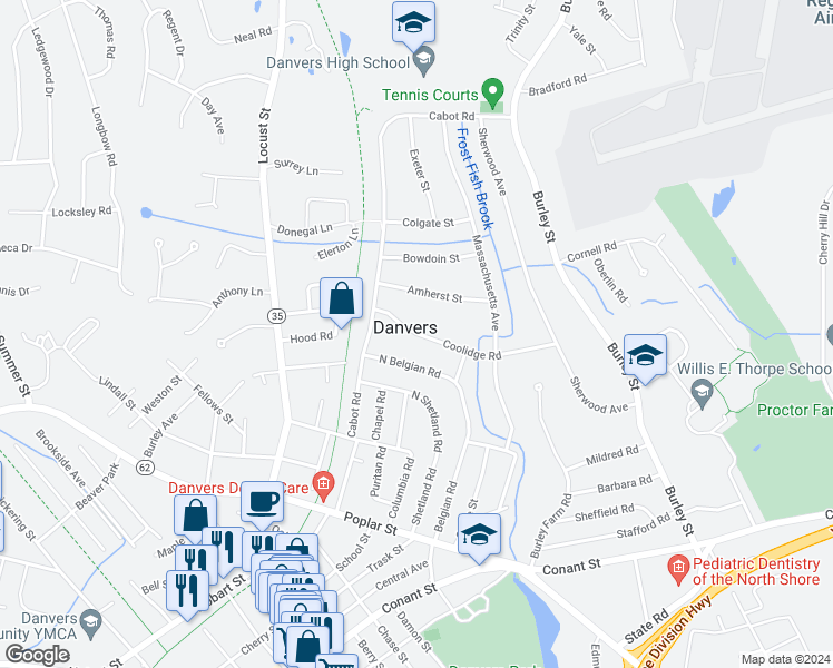 map of restaurants, bars, coffee shops, grocery stores, and more near 36 Coolidge Road in Danvers