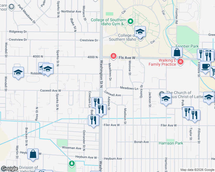 map of restaurants, bars, coffee shops, grocery stores, and more near 150 Meadows Lane in Twin Falls