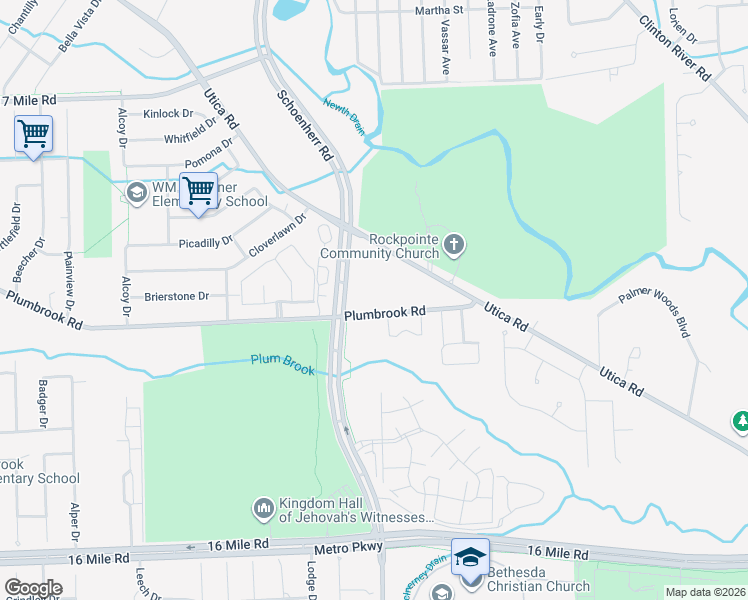 map of restaurants, bars, coffee shops, grocery stores, and more near 13933 Plumbrook Road in Sterling Heights