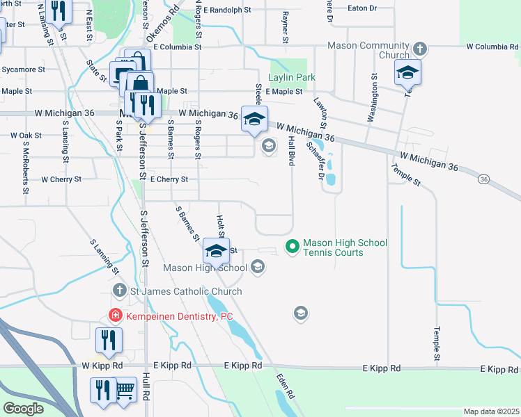 map of restaurants, bars, coffee shops, grocery stores, and more near 500 Vanderveen Drive in Mason
