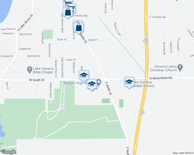 map of restaurants, bars, coffee shops, grocery stores, and more near 317 East South Street in Lake Geneva
