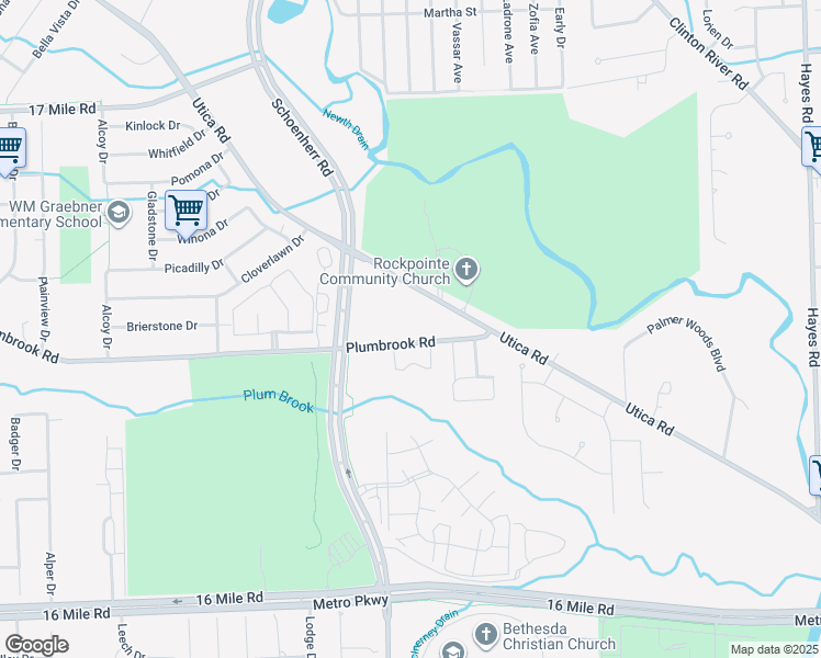 map of restaurants, bars, coffee shops, grocery stores, and more near 13957 Plumbrook Road in Sterling Heights