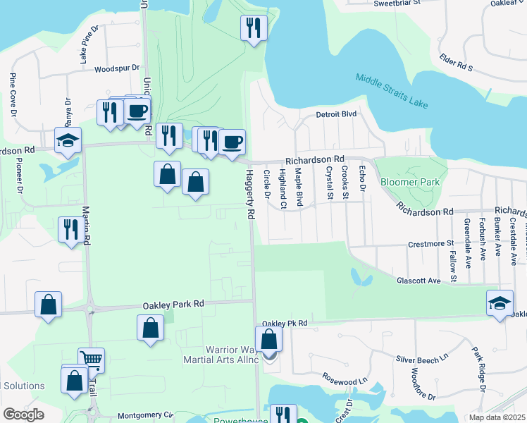 map of restaurants, bars, coffee shops, grocery stores, and more near 4245 Pleasant Court in West Bloomfield Township