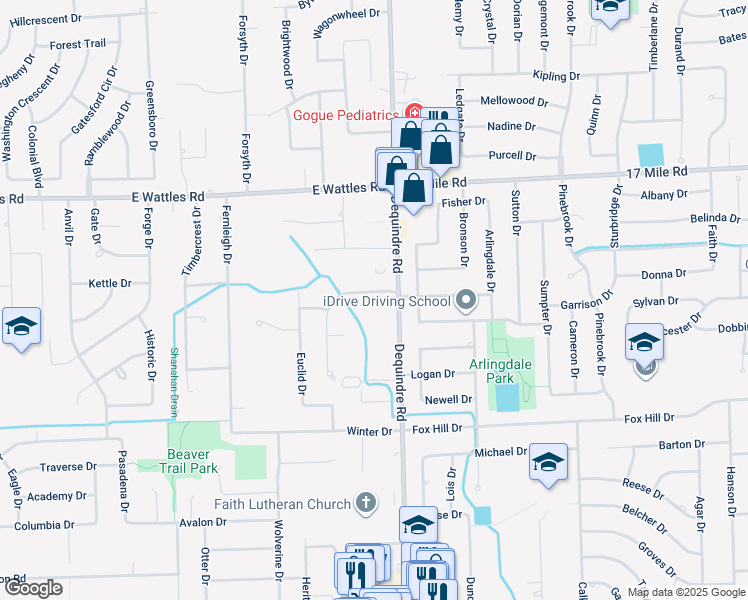 map of restaurants, bars, coffee shops, grocery stores, and more near 38465 Dequindre Road in Troy