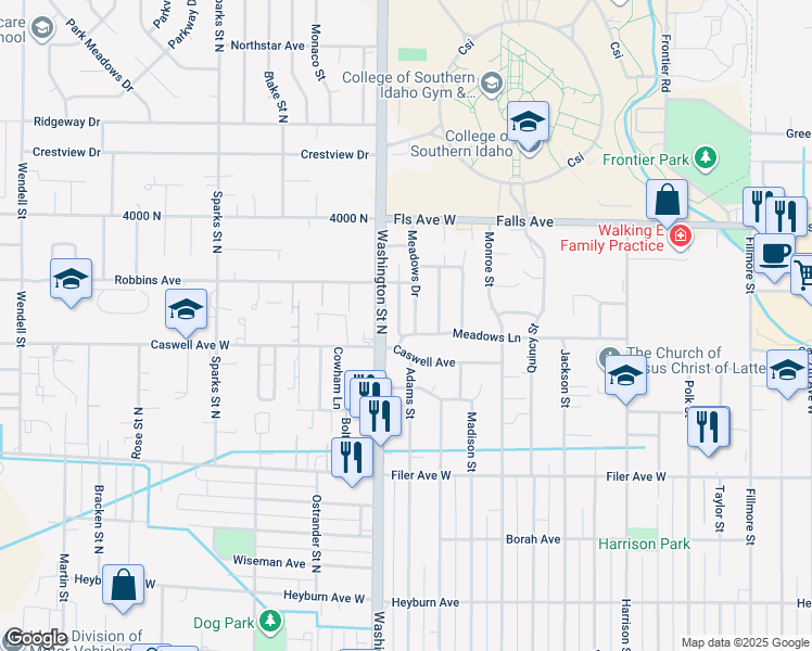 map of restaurants, bars, coffee shops, grocery stores, and more near 747 Meadows Drive in Twin Falls