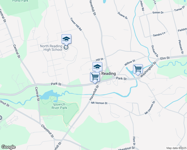map of restaurants, bars, coffee shops, grocery stores, and more near 175 Park Street in North Reading