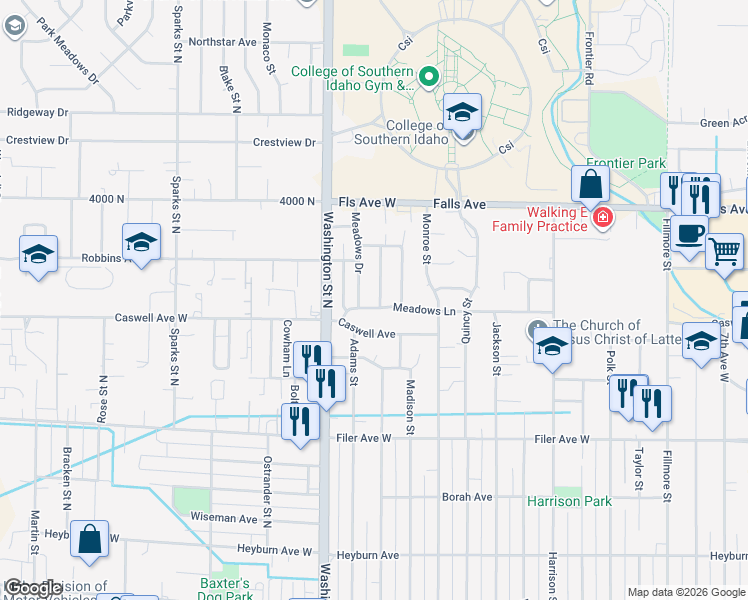 map of restaurants, bars, coffee shops, grocery stores, and more near 737 Academic Drive in Twin Falls