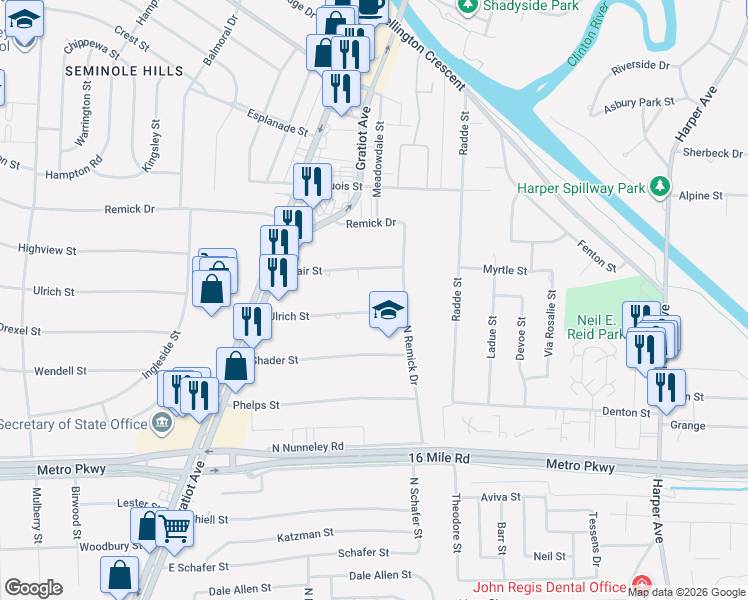 map of restaurants, bars, coffee shops, grocery stores, and more near 22871 Ulrich Street in Charter Township of Clinton
