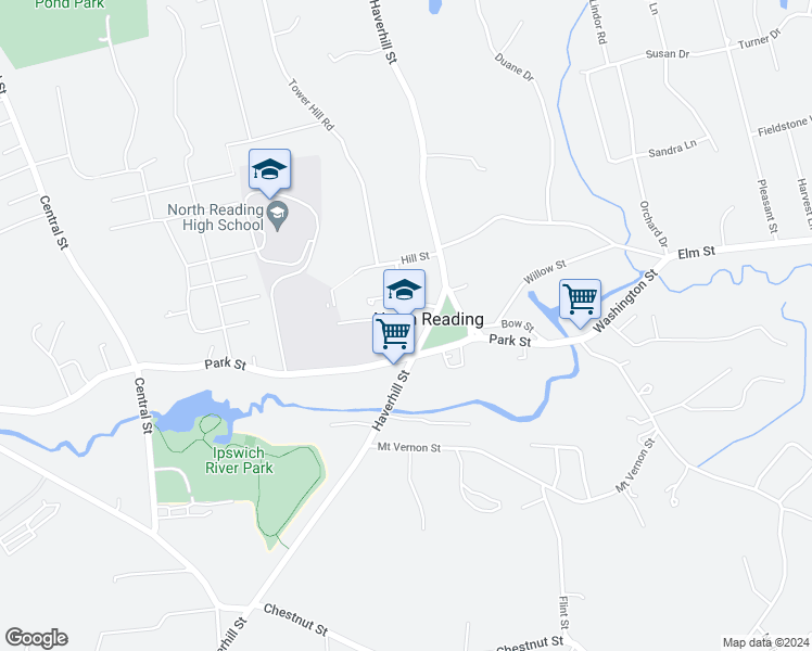 map of restaurants, bars, coffee shops, grocery stores, and more near 175 Park Street in North Reading