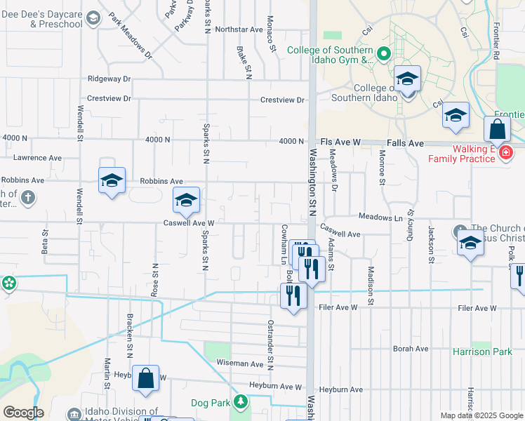 map of restaurants, bars, coffee shops, grocery stores, and more near 224 Caswell Avenue West in Twin Falls