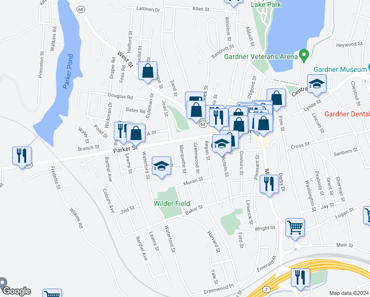 map of restaurants, bars, coffee shops, grocery stores, and more near 24-26 Marquette Street in Gardner