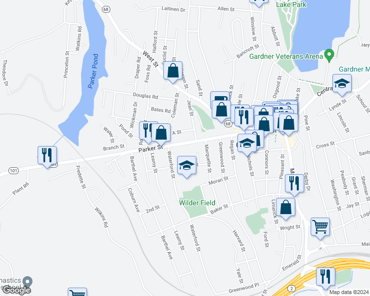 map of restaurants, bars, coffee shops, grocery stores, and more near 10 Waterford Street in Gardner