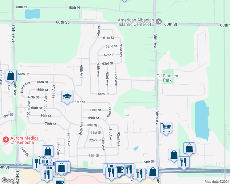 map of restaurants, bars, coffee shops, grocery stores, and more near 6536 92nd Avenue in Kenosha