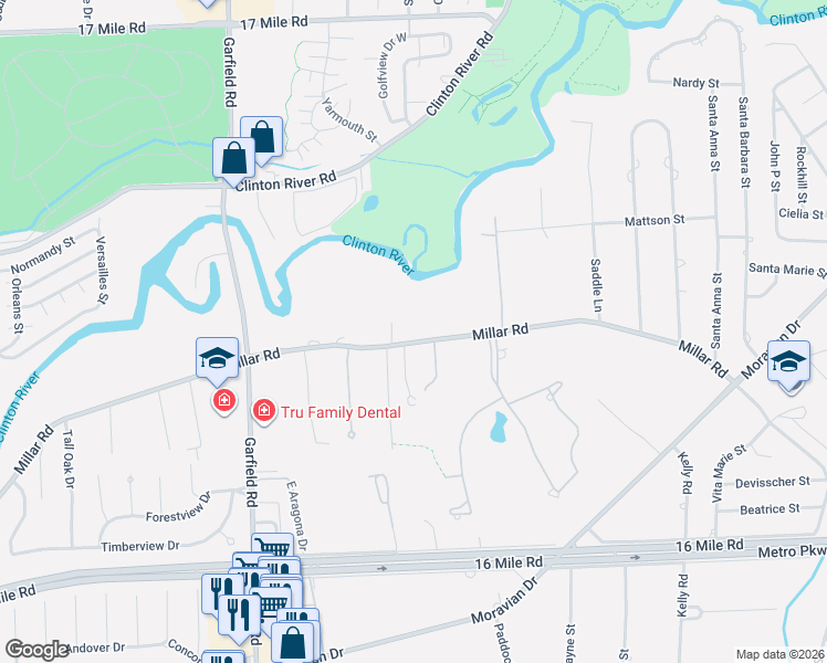 map of restaurants, bars, coffee shops, grocery stores, and more near 17475 Millar Road in Clinton Township