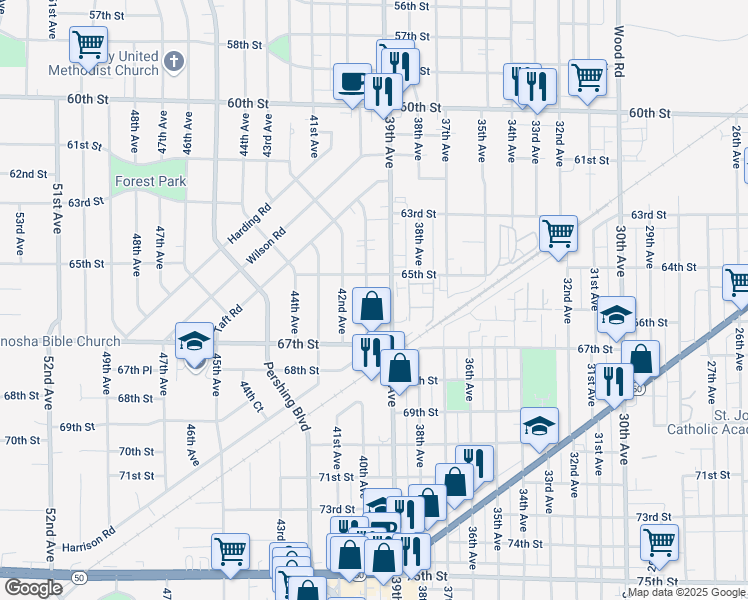 map of restaurants, bars, coffee shops, grocery stores, and more near 6544 40th Avenue in Kenosha