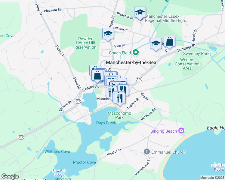 map of restaurants, bars, coffee shops, grocery stores, and more near 11 Beach Street in Manchester-by-the-Sea